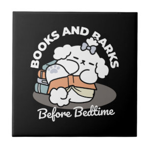 Books and Barks – Cute Sleepy Dog Reading Design Tile