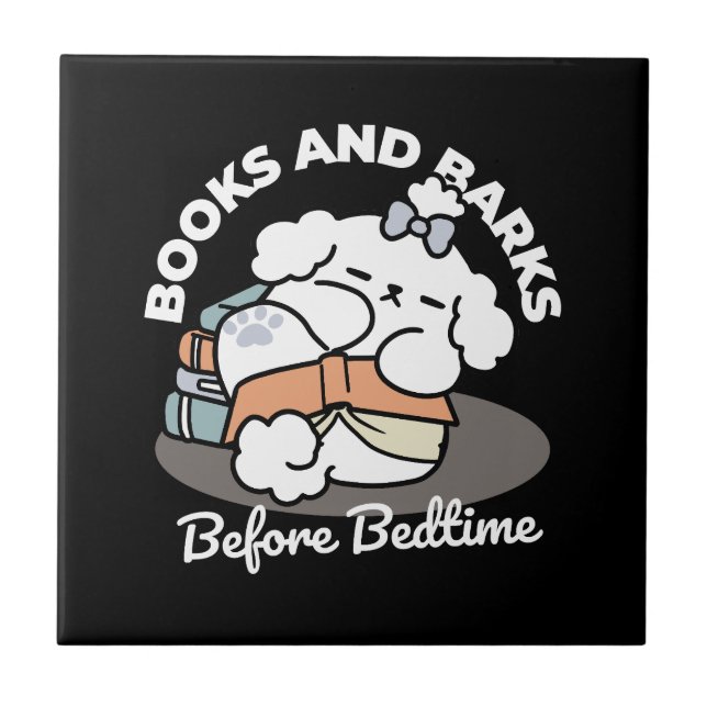 Books and Barks – Cute Sleepy Dog Reading Design Tile (Front)