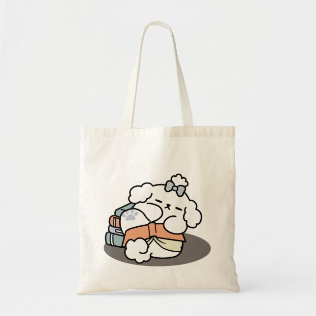 Books and Barks – Cute Sleepy Dog Reading Design Tote Bag (Front)