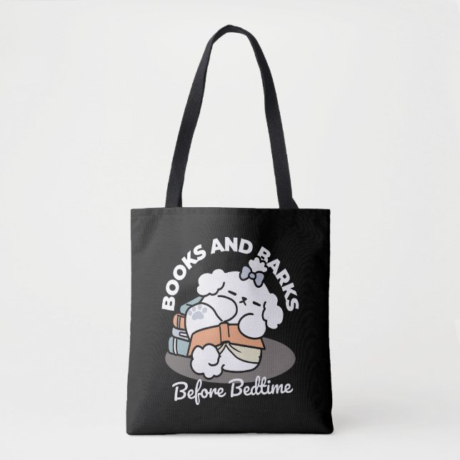 Books and Barks – Cute Sleepy Dog Reading Design Tote Bag (Front)