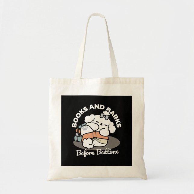 Books and Barks – Cute Sleepy Dog Reading Design Tote Bag (Front)