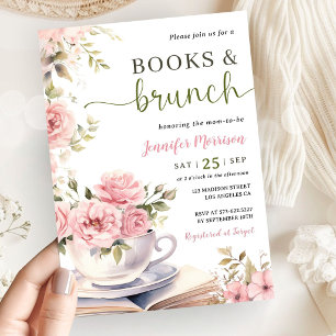 Books and Brunch Baby Shower Girl Pink Floral Invitation