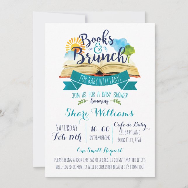 Books and Brunch Baby Shower Invitation - Blue (Front)