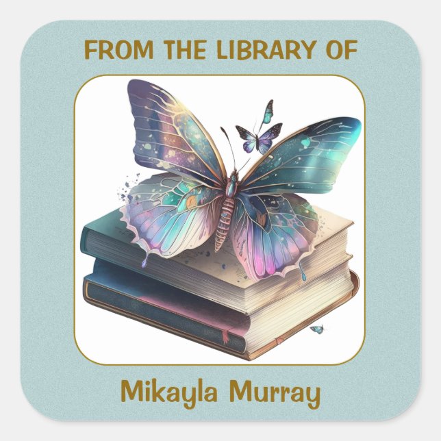 Books and Butterflies Bookplate Square Sticker (Front)