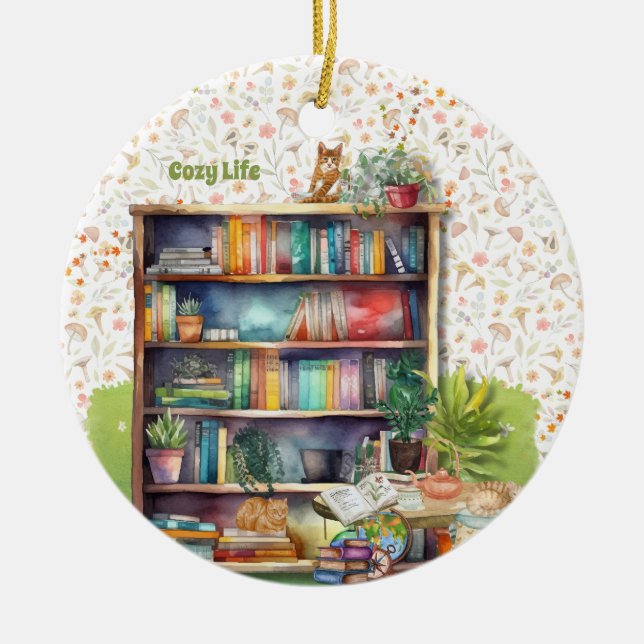Books and Cat Lovers Hygge Birthday Retirement   Ceramic Tree Decoration (Front)