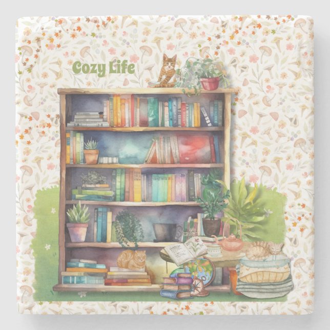 Books and Cat Lovers Hygge Birthday Retirement   Stone Coaster (Front)