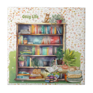 Books and Cat Lovers Hygge Birthday Retirement   Tile