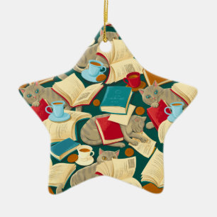 Books and cats ceramic tree decoration