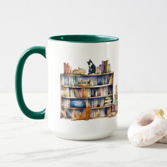 Books and Cats, Gifts for Librarian Bibliophile Mug (With Donut)