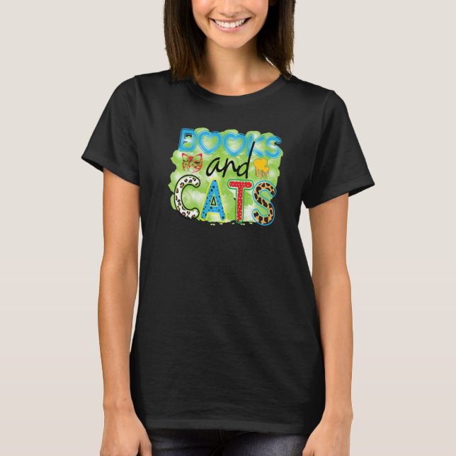 Books And Cats Graphic Patchwork Cat T-Shirt (Front)