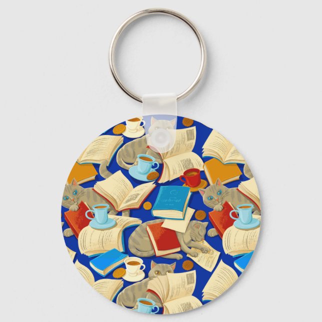 Books and cats on blue key ring (Front)