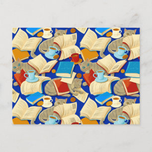 Books and cats on blue postcard