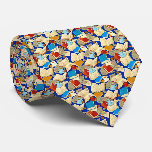 Books and cats on blue tie (Rolled)