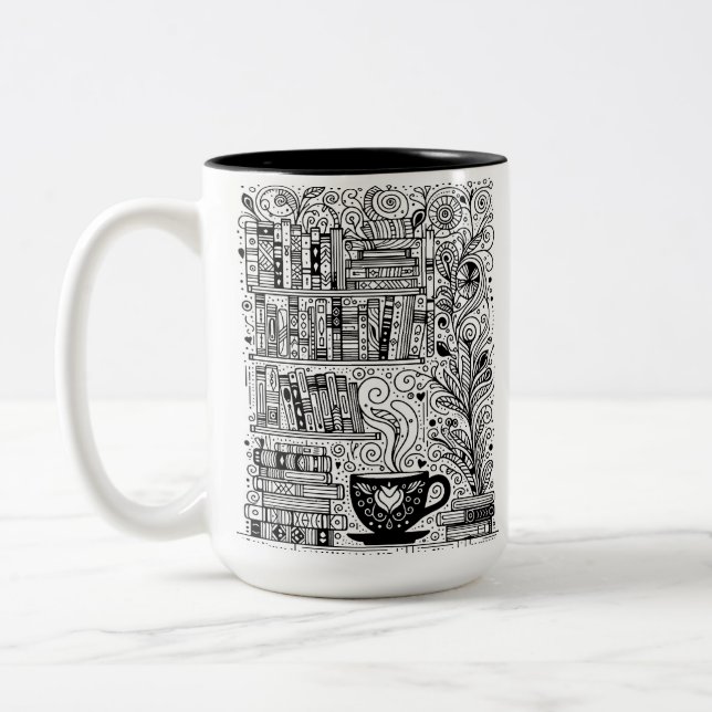 Books And Coffee Colour Me Doodle 2 Two-Tone Coffee Mug (Left)