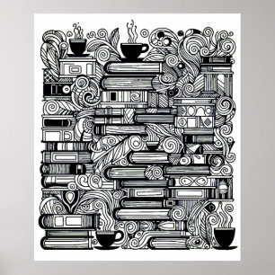 Books And Coffee Colour Me Doodle Poster
