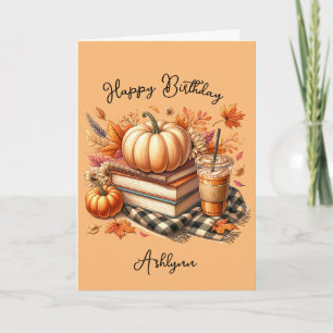 Books and Coffee Orange Pumpkin Spice Birthday  Card