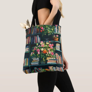 Books and Flowers on Bookshelf Tote Bag