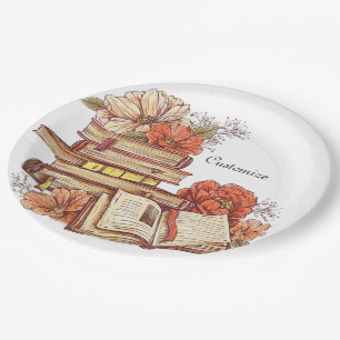 Books And Flowers Round Paper Plate