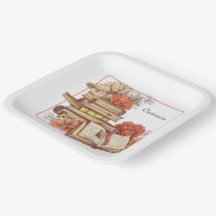 Books And Flowers Square Paper Plate
