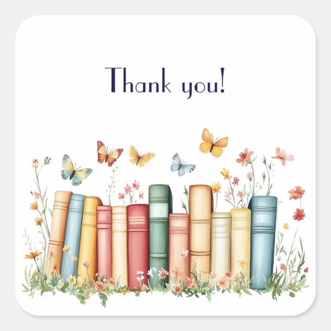 Books and Flowers Thank You Square Sticker (Front)