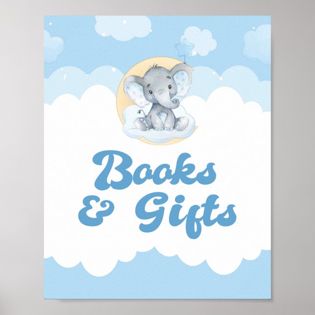 Books and Gift Blue Elephant Boy Baby Shower Sign (Front)