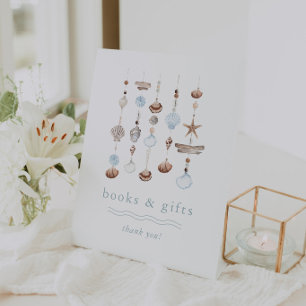 Books and Gifts Boho Blue Beach Baby Shower Pedestal Sign