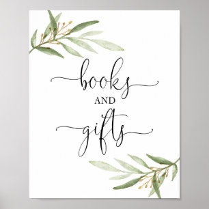 Books and gifts greenery gold baby shower sign