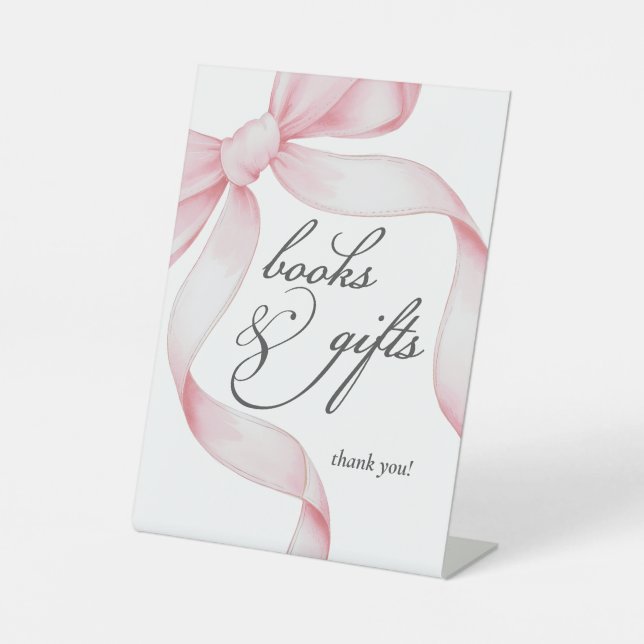 Books and Gifts Pink Coquette Bow Baby Shower Pedestal Sign (Front)