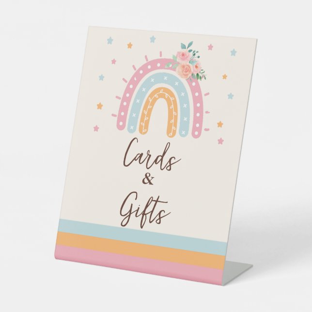 Books and Gifts Rainbow Baby Shower Pink Pedestal  Sign (Front)
