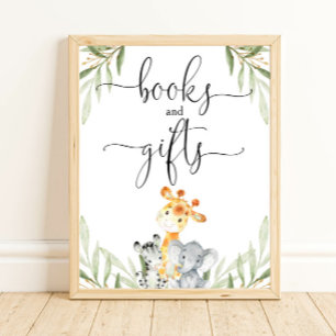 Books and gifts safari animals baby shower sign
