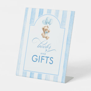 Books and Gifts Teddy Bear Blue Baby Shower Pedestal Sign