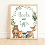 Books and gifts woodland greenery baby shower sign<br><div class="desc">For more advanced customisation of this design,  simply select the "Customise It" button above!</div>