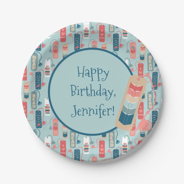 Books and Reading Bookmarks Illustrated Birthday Paper Plate (Front)