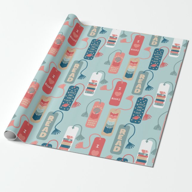 Books and Reading Themed Bookmarks Patterned Wrapping Paper (Unrolled)