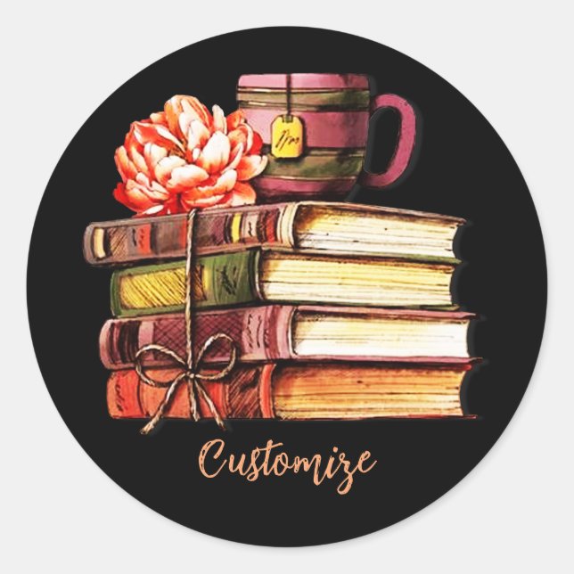 Books And Tea Black Classic Round Sticker (Front)