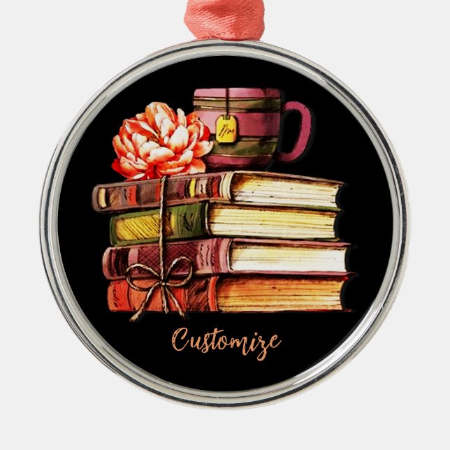 Books And Tea Black   Metal Tree Decoration (Front)