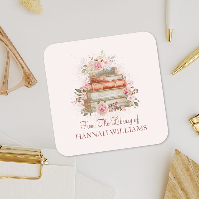 Books and Vintage Pink Roses Bookplate Square Sticker (In situ)