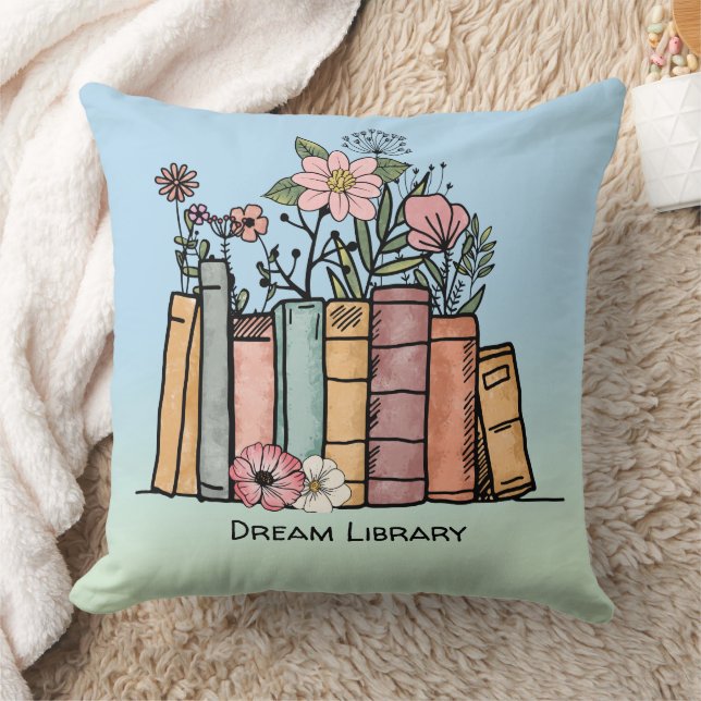 Books and wild flowers dream library blue green  cushion (Blanket)
