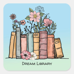 Books and wild flowers dream library personalise square sticker