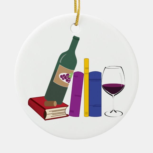 Books And Wine Ceramic Tree Decoration (Front)