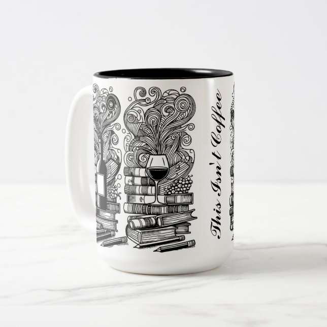 Books And Wine Colour Me Doodle Two-Tone Coffee Mug (Front Left)