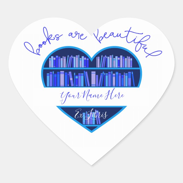 "Books Are Beautiful" Bookplate Heart Sticker (Front)