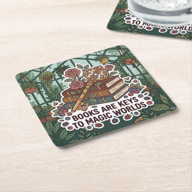 Books Are Keys To Magic Worlds Square Paper Coaster (Angled)