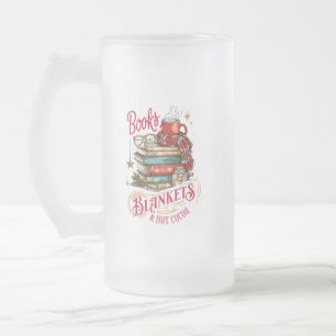 Books Blankets and Hot Cocoa  Frosted Glass Beer Mug