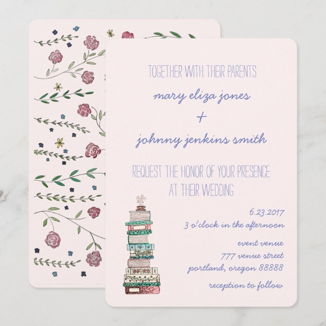 Books & Blossoms Wedding Invitations (Front/Back)