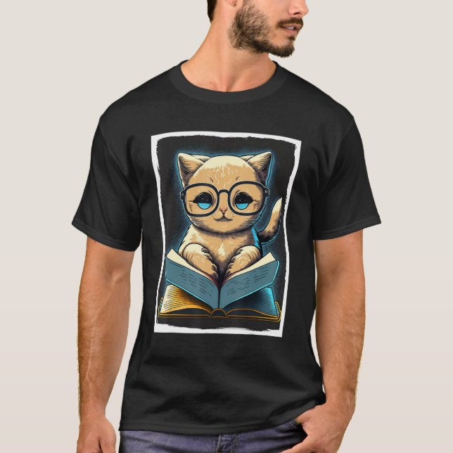 Books Book Cat Glasses Fable Educator Read Reader T-Shirt (Front)