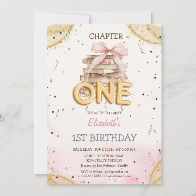 Books Bow Confetti Watercolor 1st Birthday  Invitation (Front)