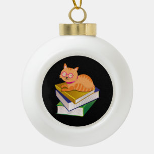Books - Cat and Books Book Lover Gift Ceramic Ball Christmas Ornament