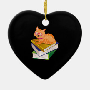 Books - Cat and Books Book Lover Gift Ceramic Tree Decoration