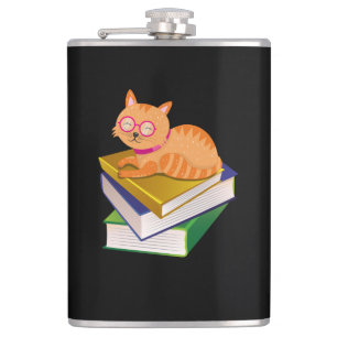 Books - Cat and Books Book Lover Gift Hip Flask